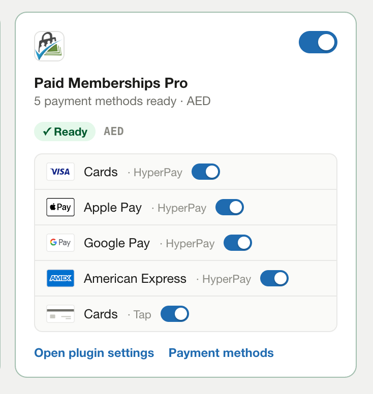 FaltaPay integration card for Paid Memberships Pro, showing five payment methods ready in UAE dirham including Apple Pay and Google Pay.